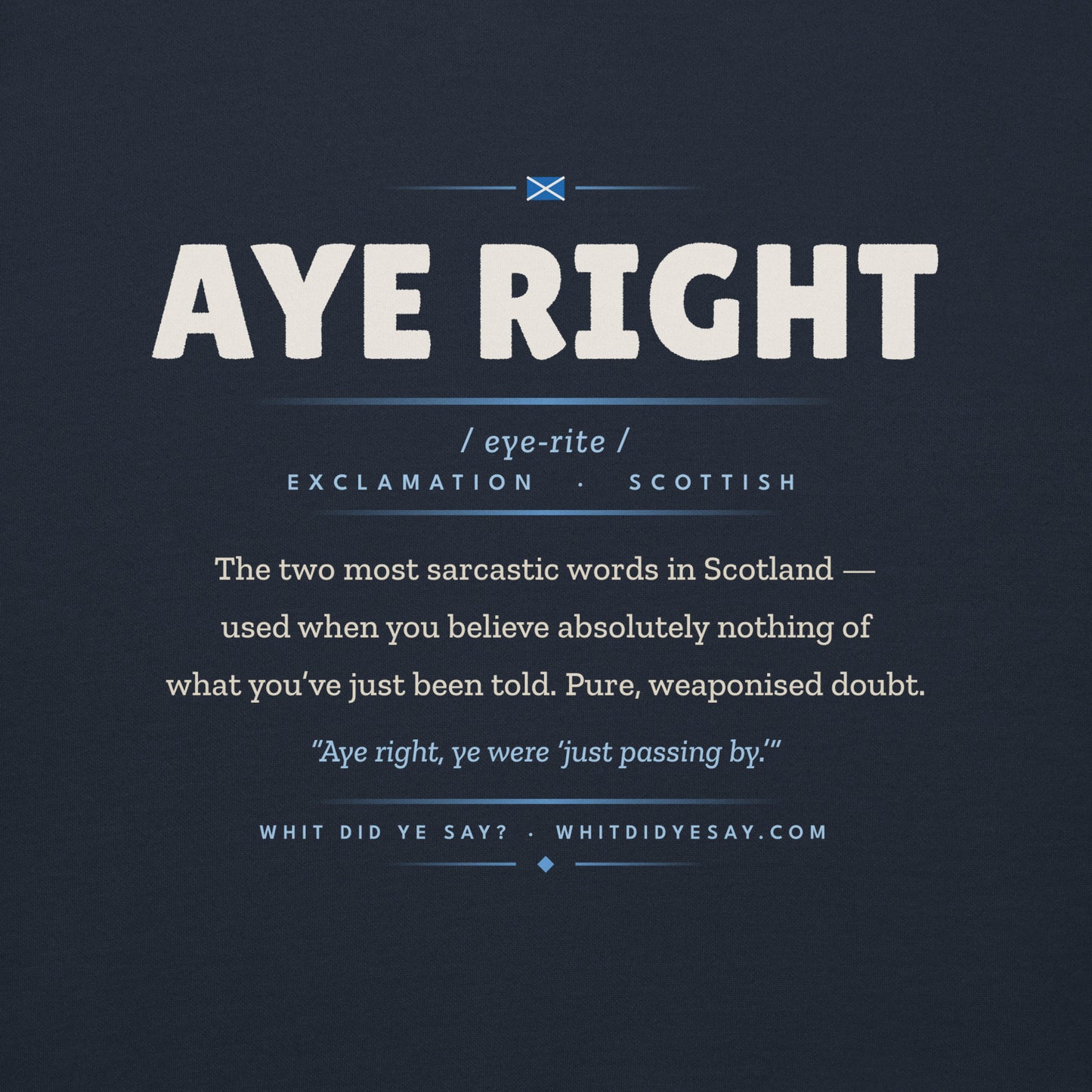 AYE RIGHT Hoodie, Navy Blazer, AYE RIGHT definition print close-up