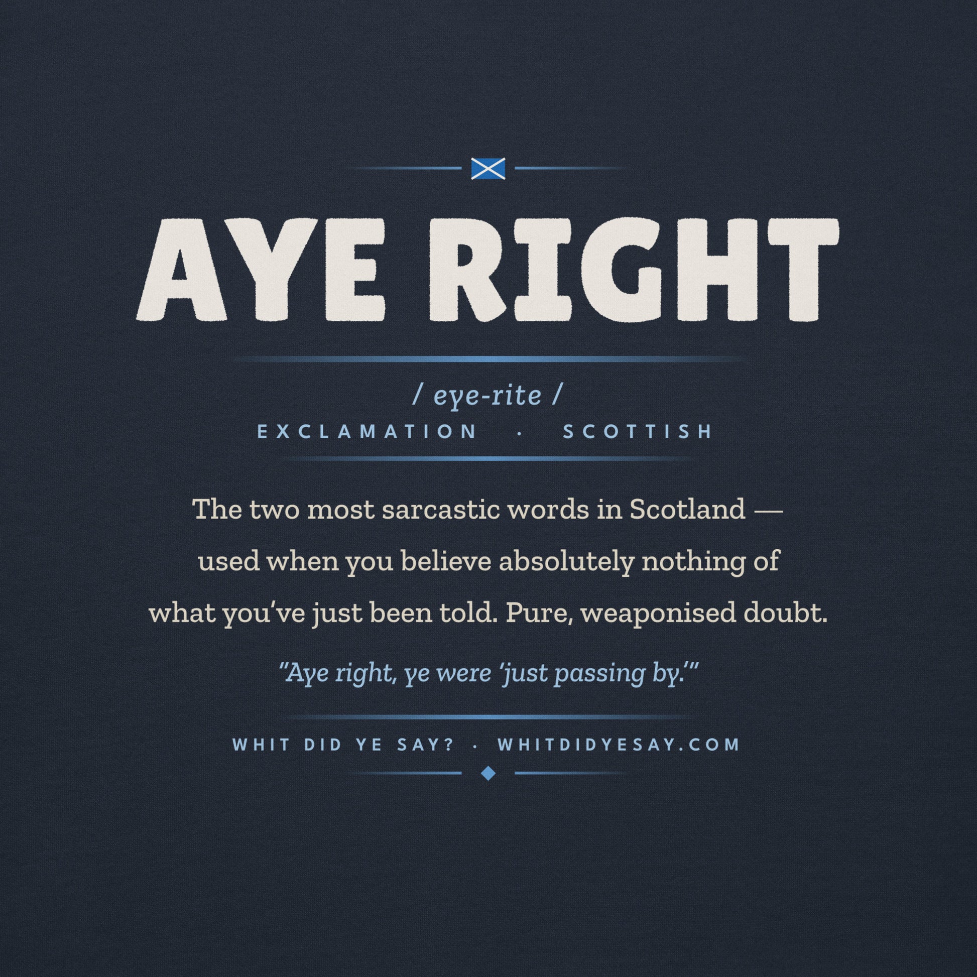 AYE RIGHT Hoodie, Navy Blazer, AYE RIGHT definition print close-up