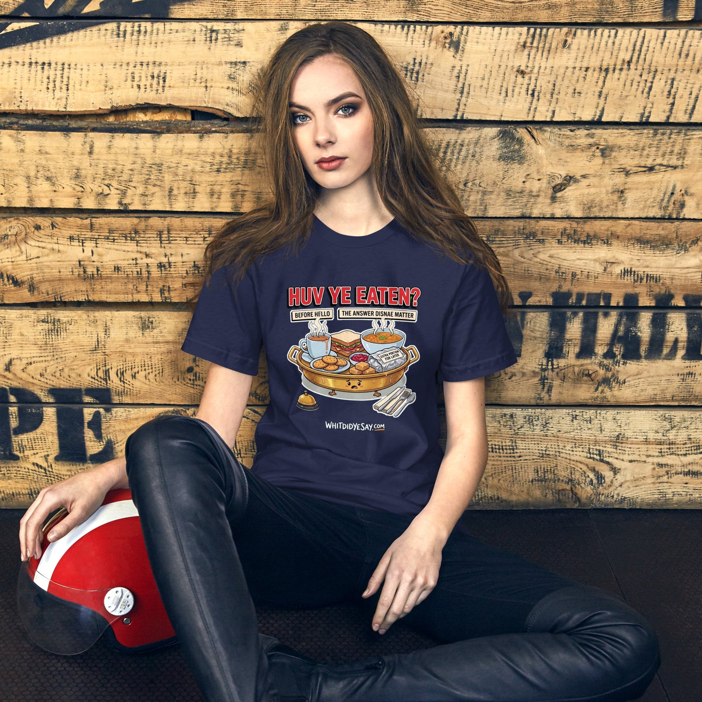 Huv Ye Eaten? The Maw Tee, Navy women's lifestyle 3 mockup