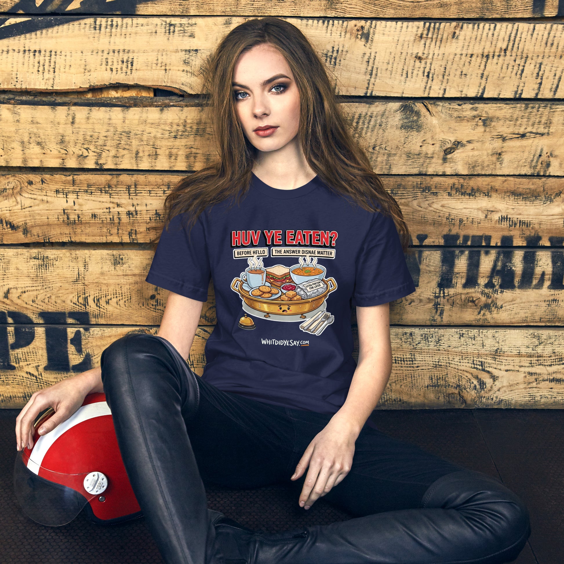 Huv Ye Eaten? The Maw Tee, Navy women's lifestyle 3 mockup