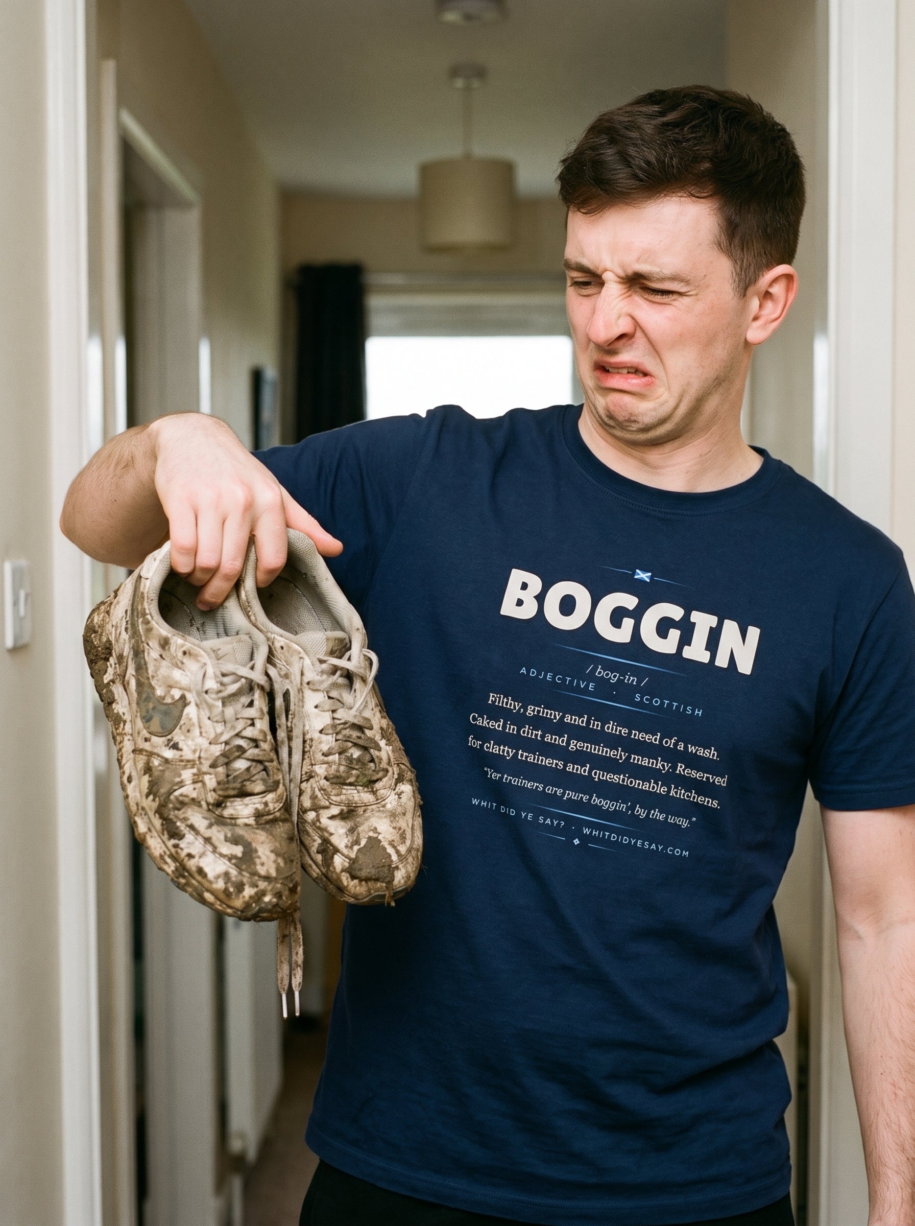 Person wearing the navy BOGGIN dictionary definition tee