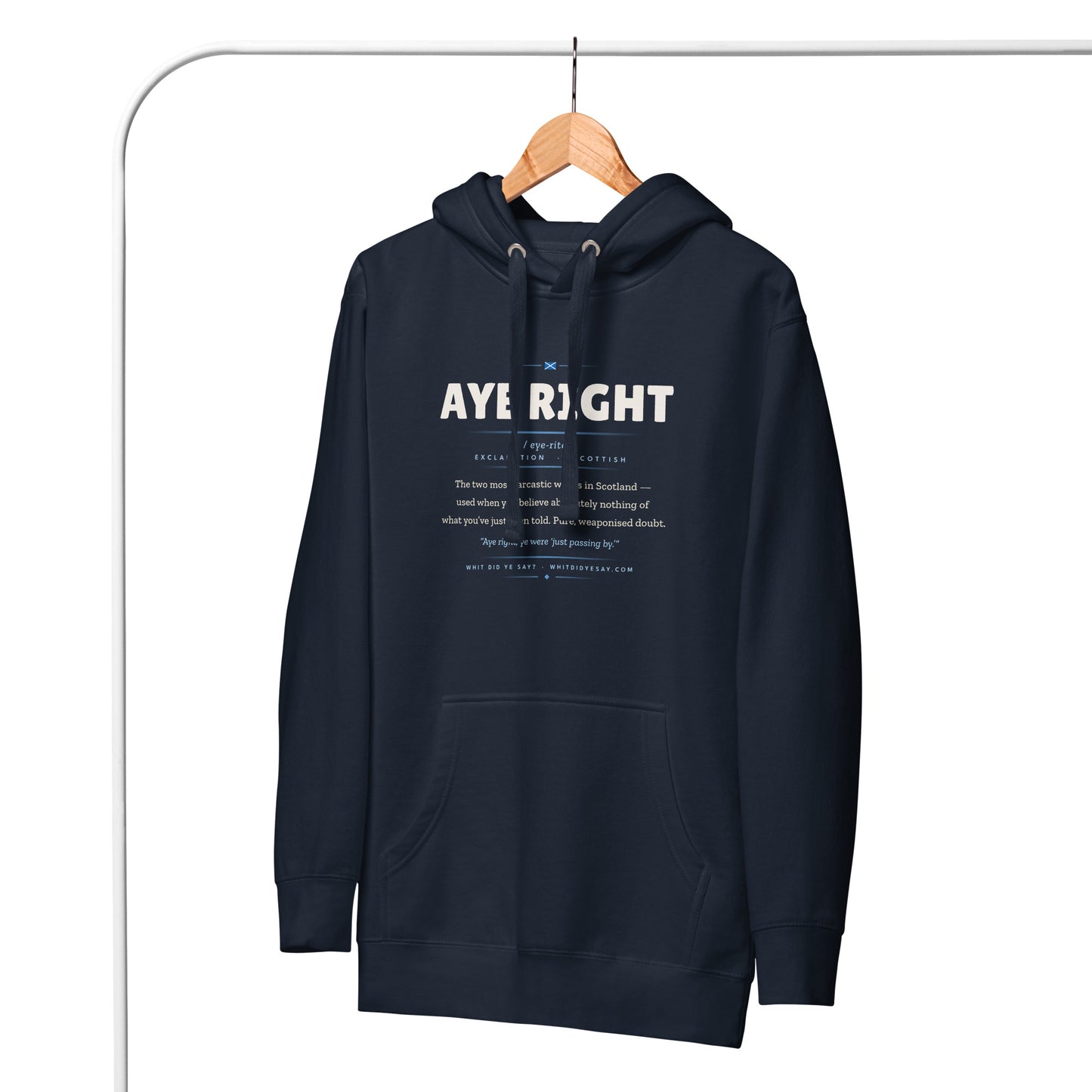 AYE RIGHT Hoodie, Navy Blazer, on hanger front view