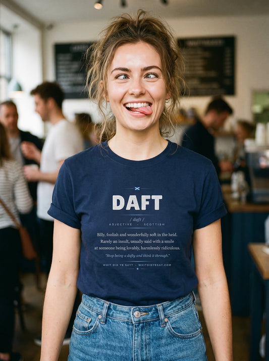 Person wearing the navy DAFT dictionary definition tee