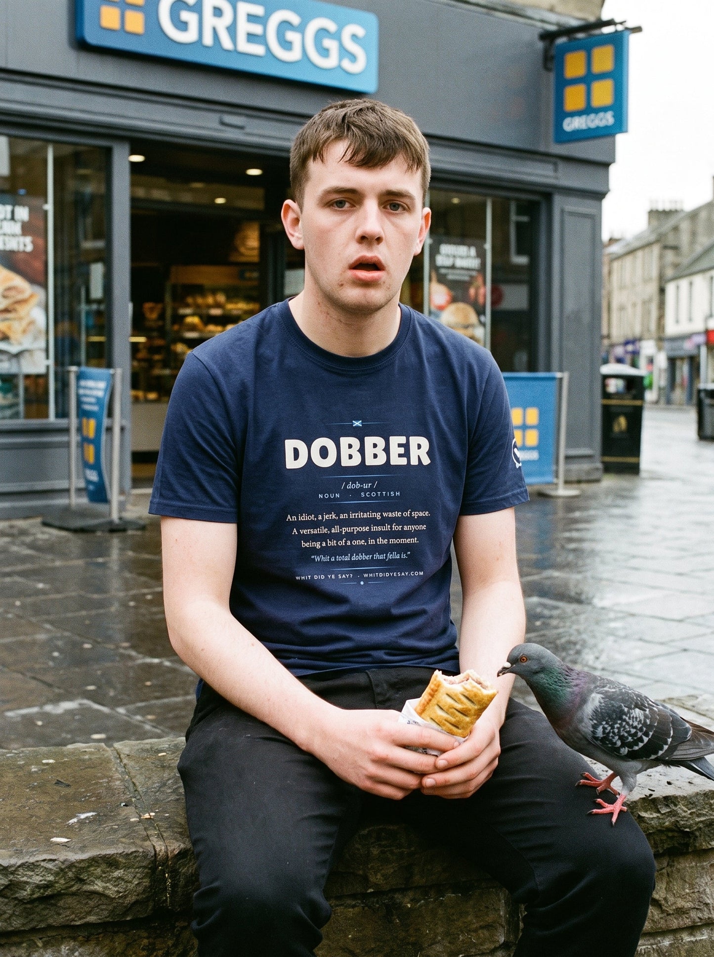 Man outside Greggs with a pigeon wearing the navy DOBBER dictionary definition tee