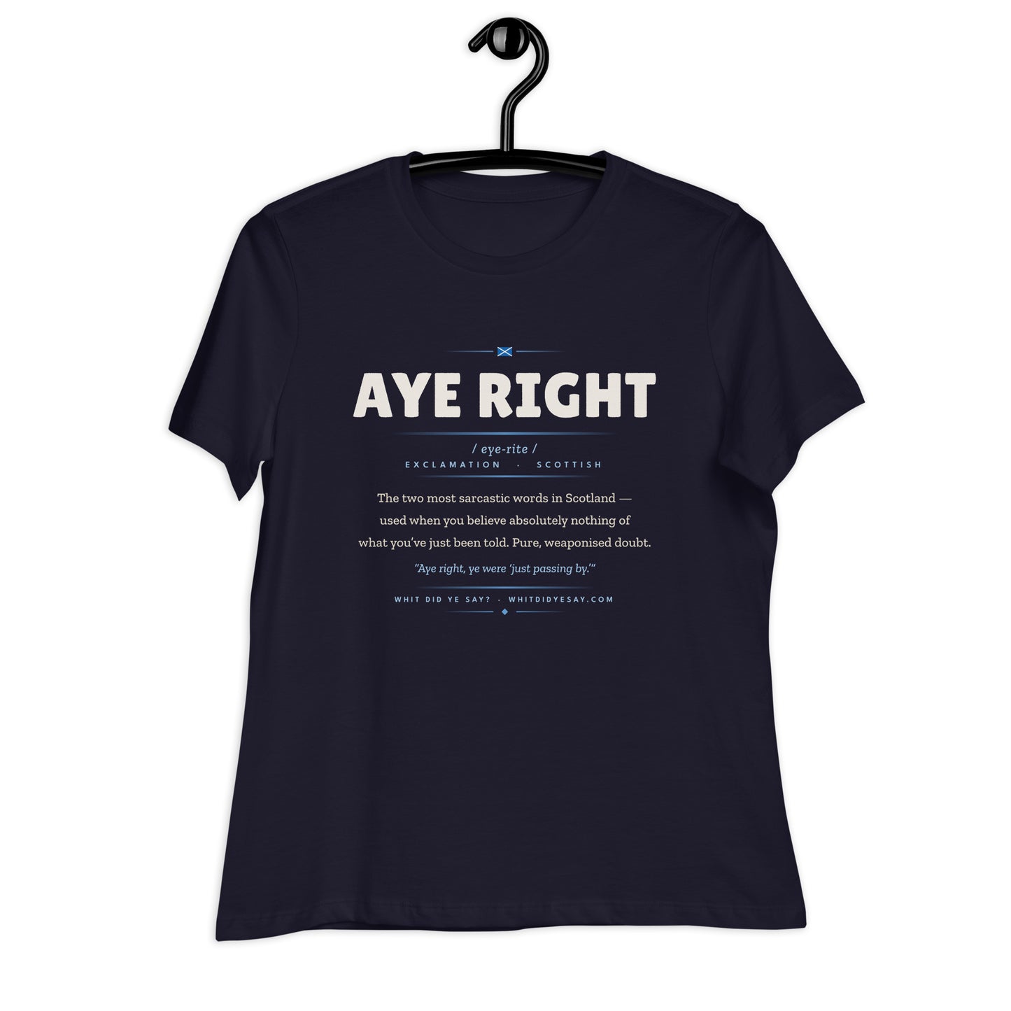 AYE RIGHT Women’s Tee, Navy, on hanger
