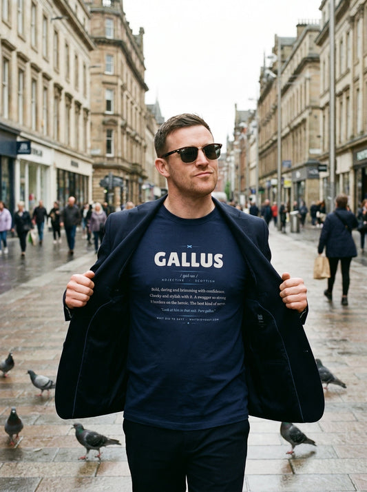 Person wearing the navy GALLUS dictionary definition tee