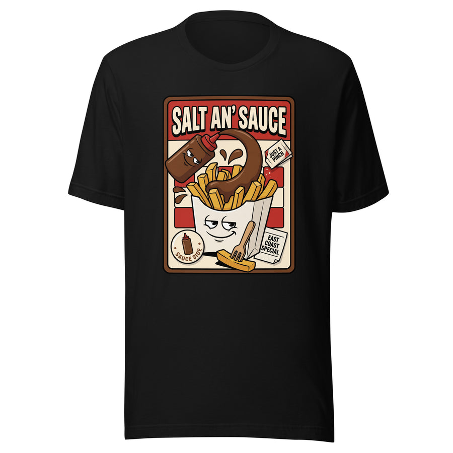 SALT AN' SAUCE - The Full Scottish Tee | Black | Ghost front