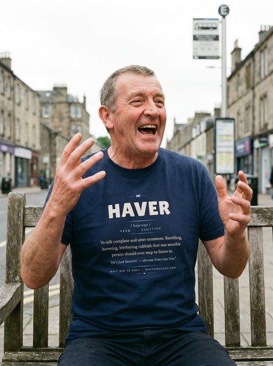 Person wearing the navy HAVER dictionary definition tee