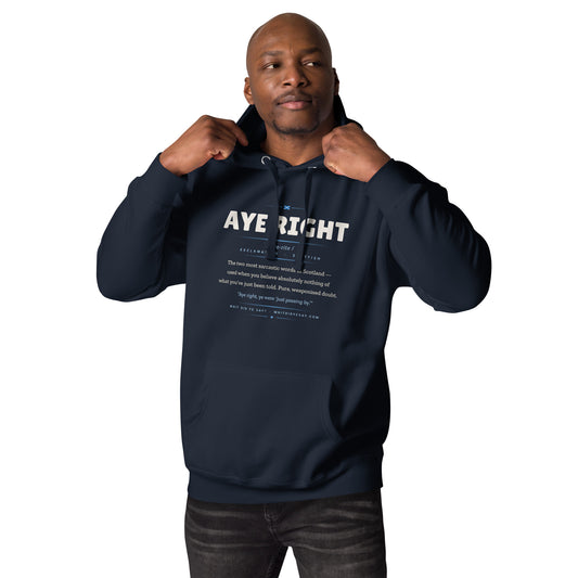 AYE RIGHT Hoodie, Navy Blazer, male lifestyle front view