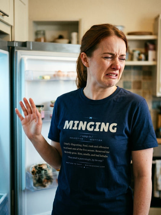 Person wearing the navy MINGING dictionary definition tee