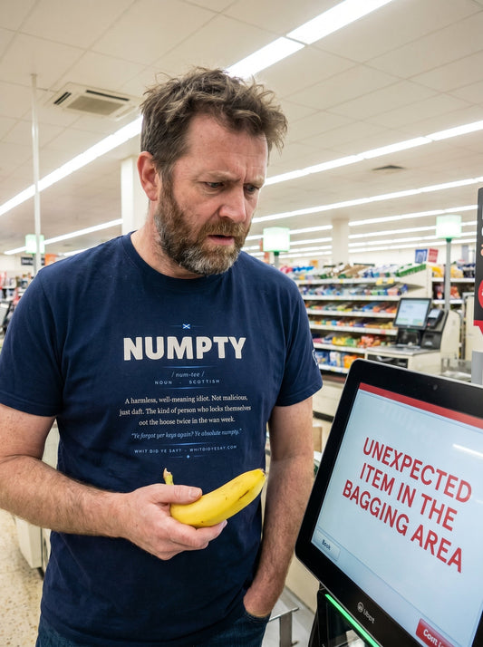 Person wearing the navy NUMPTY dictionary definition tee