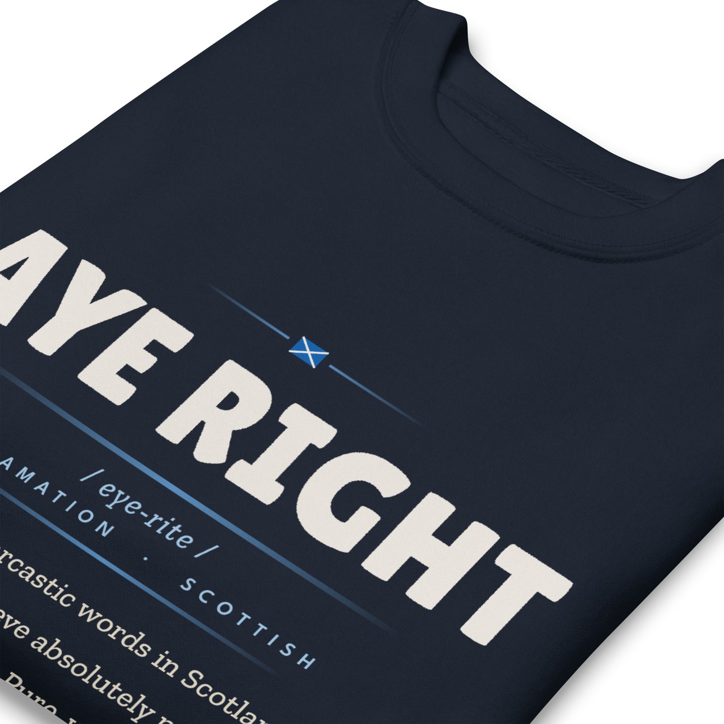 AYE RIGHT Crewneck, Navy Blazer, zoomed in print detail