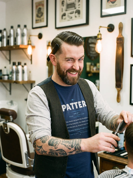 Person wearing the navy PATTER dictionary definition tee