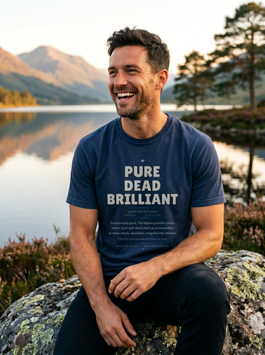 Person wearing the navy PURE DEAD BRILLIANT dictionary definition tee