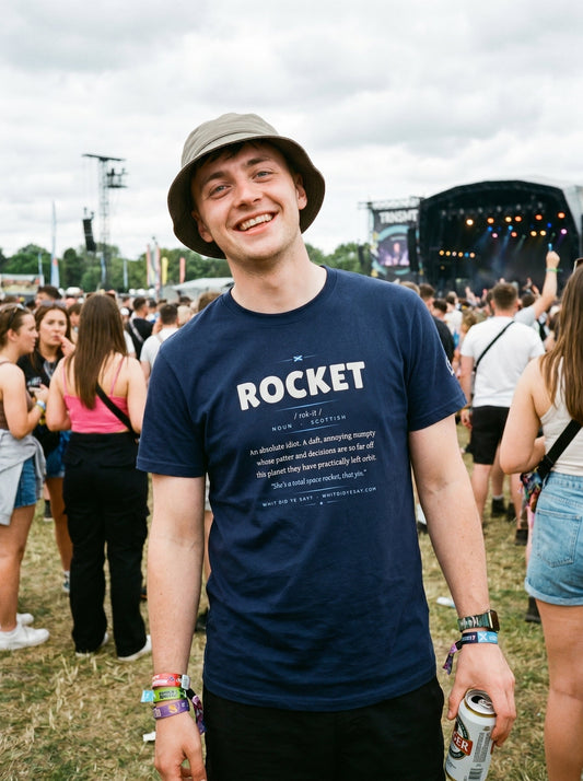 Person wearing the navy ROCKET dictionary definition tee