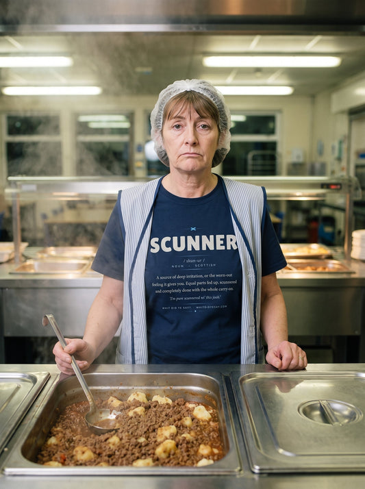 Person wearing the navy SCUNNER dictionary definition tee