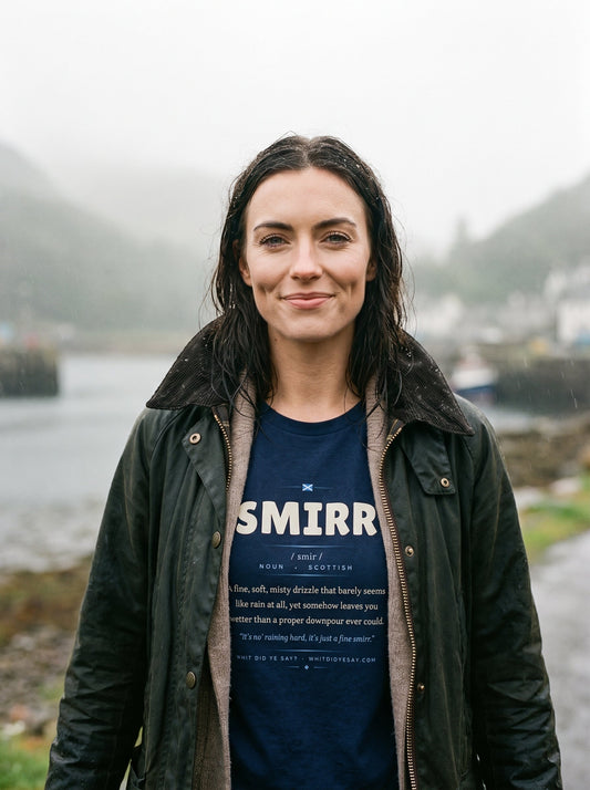 Person wearing the navy SMIRR dictionary definition tee