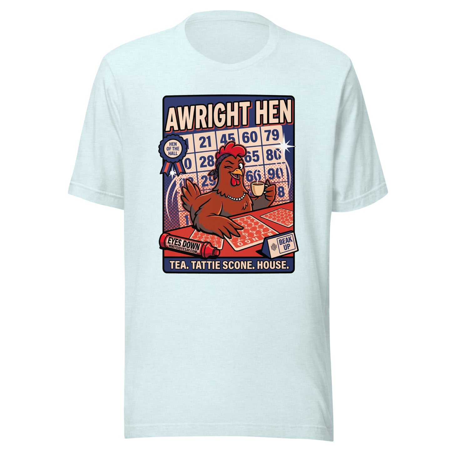 AWRIGHT HEN - The Full Scottish Tee | Heather Ice Blue | Ghost front