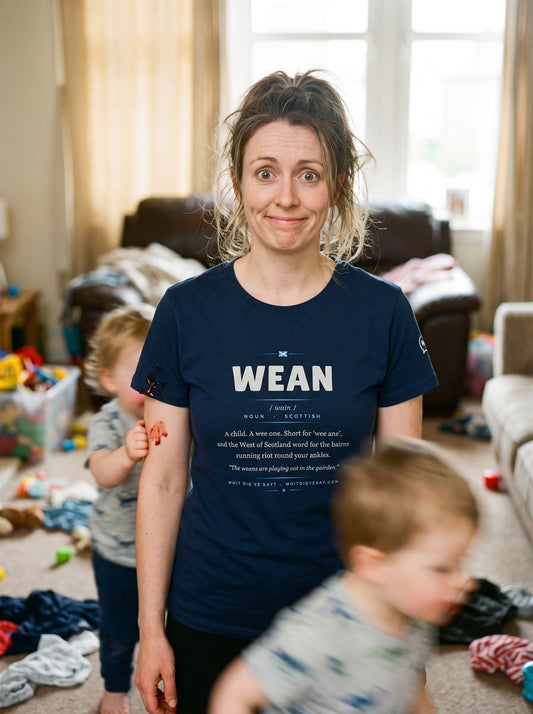 Person wearing the navy WEAN dictionary definition tee