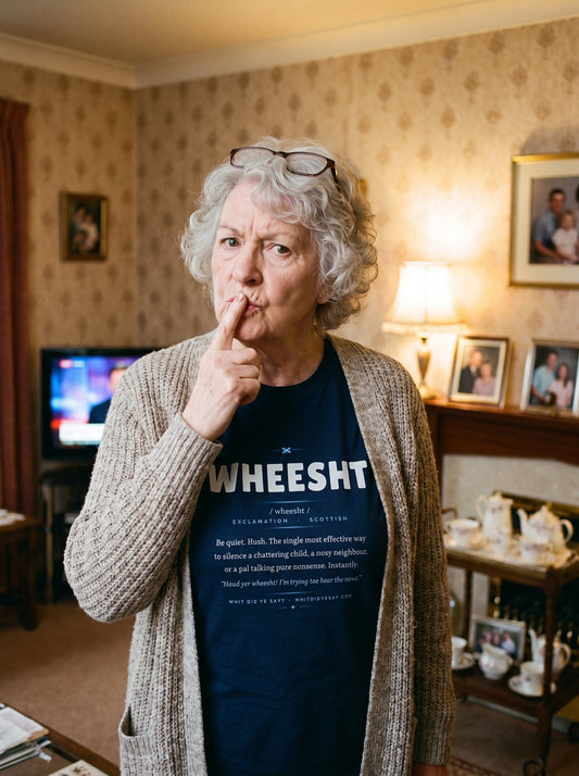 Person wearing the navy WHEESHT dictionary definition tee