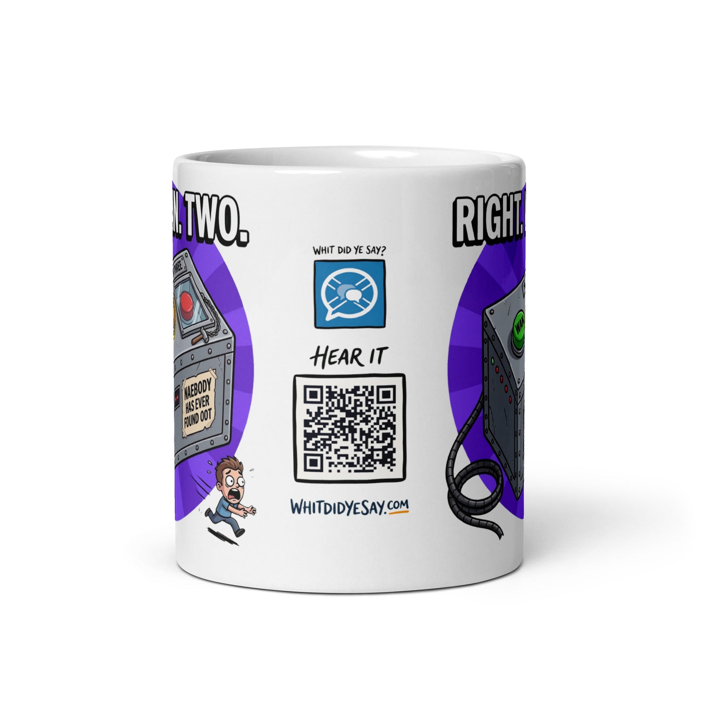 Right. Wan. Two. Mug | Scannable audio QR panel