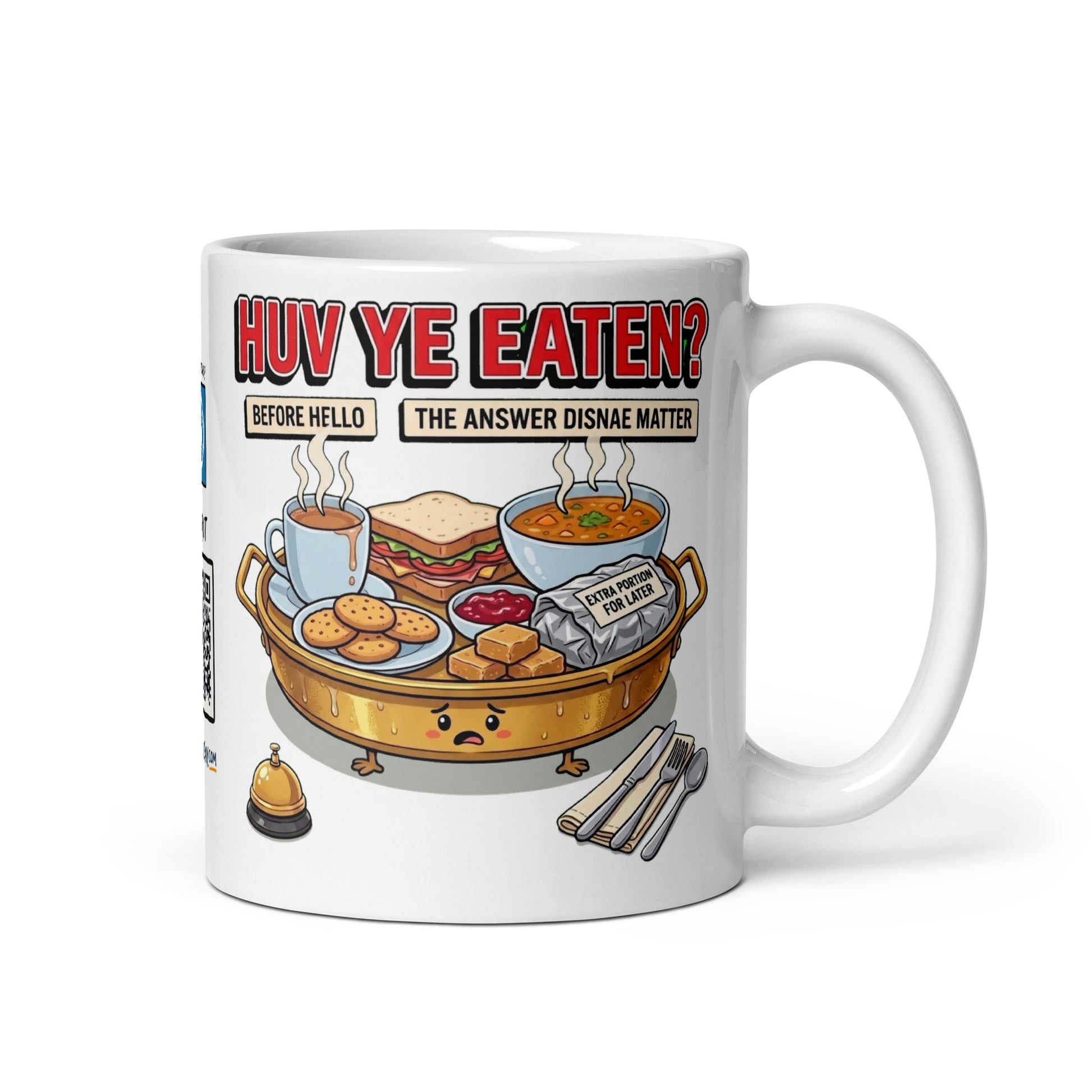 Huv Ye Eaten? Mug | Clean studio, handle right