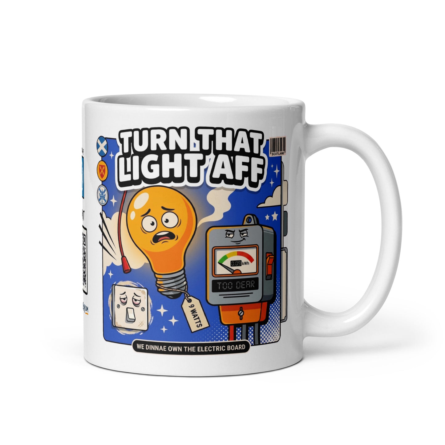 Turn That Light Aff Mug | Clean studio, handle right