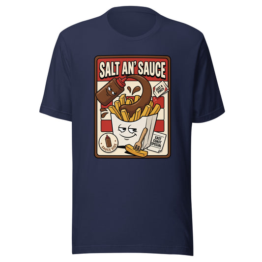 SALT AN' SAUCE - The Full Scottish Tee | Navy | Ghost front