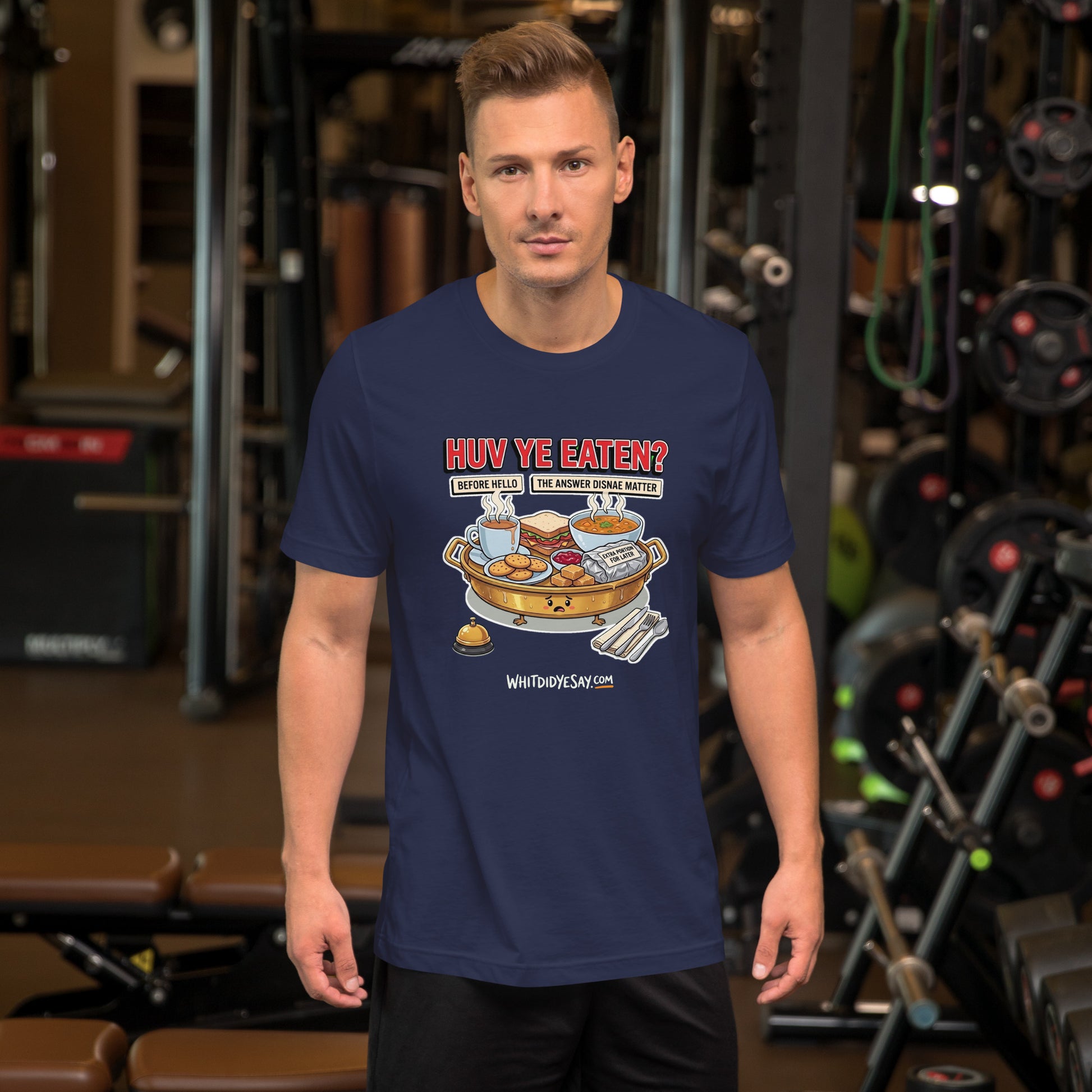 Huv Ye Eaten? The Maw Tee, Navy men's lifestyle mockup