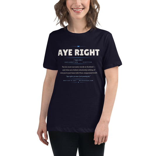 AYE RIGHT Women’s Tee, Navy, fitted model, front