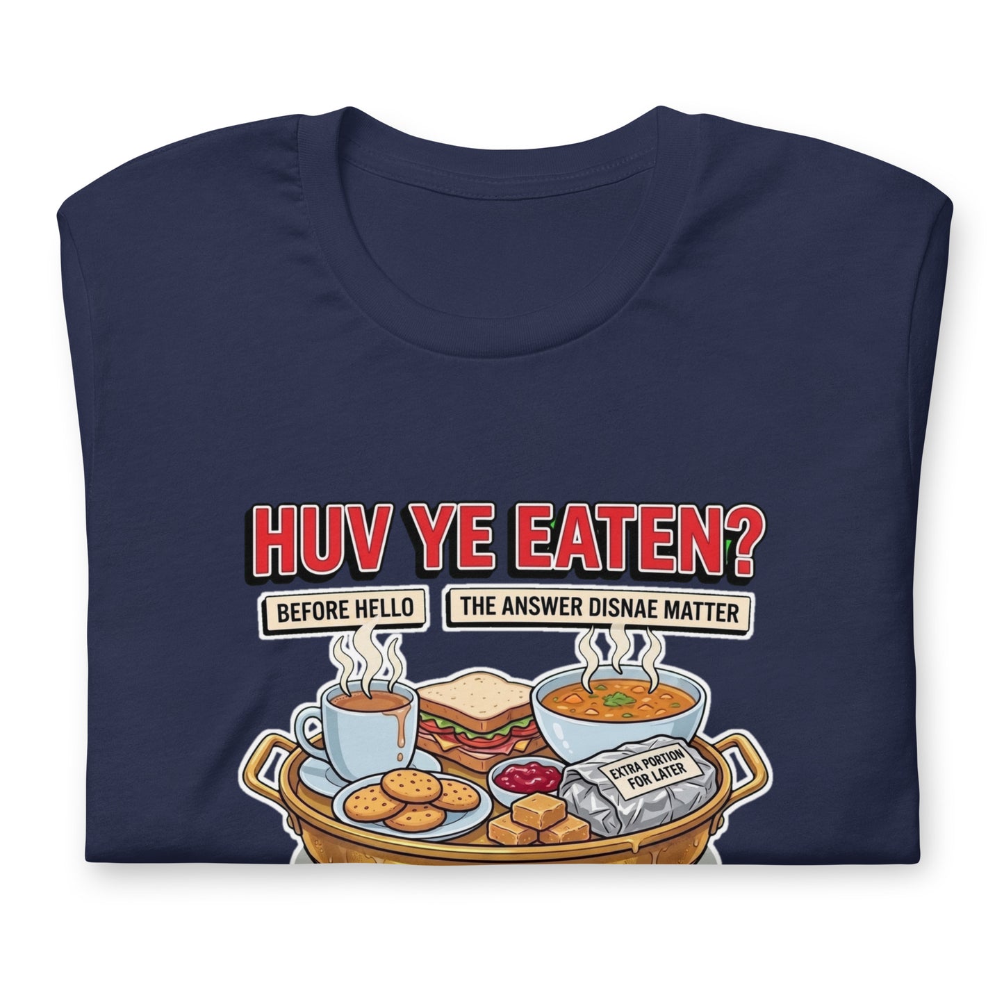 Huv Ye Eaten? The Maw Tee, Navy Folded mockup